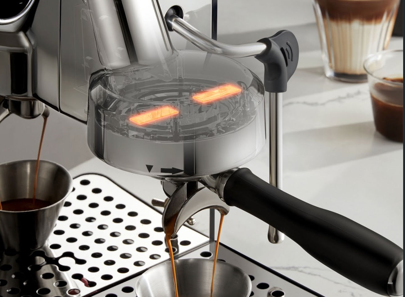 Gemilai G3006 Espresso machine in action with transparent brewing head.