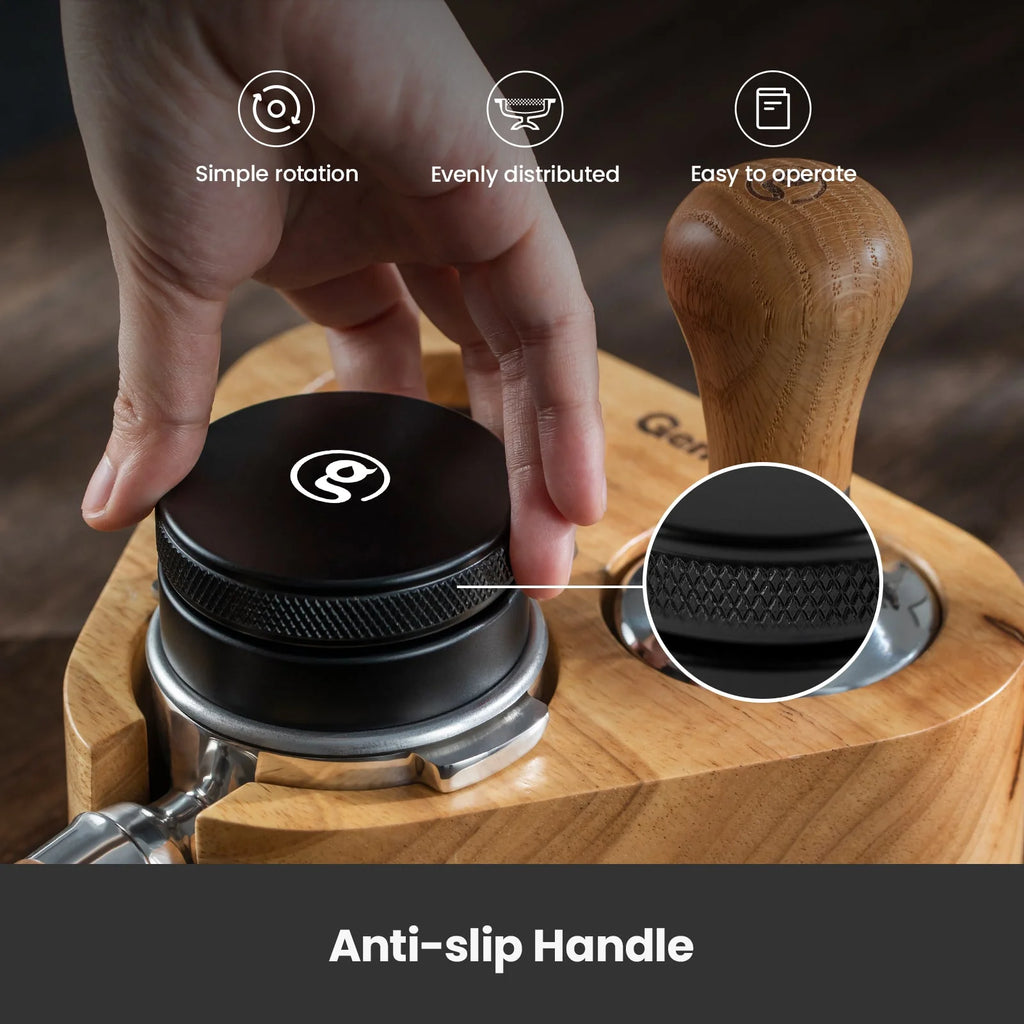 Black 58 mm coffee distributor for evenly spreading espresso grounds