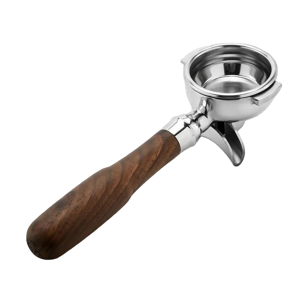 58 mm double-spout portafilter with walnut wood handle. side view.