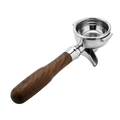 58 mm double-spout portafilter with walnut wood handle. side view.