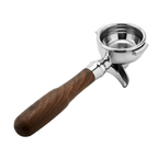 58 mm double-spout portafilter with walnut wood handle. side view.