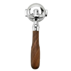 58 mm double-spout portafilter with walnut wood handle. bottom side.