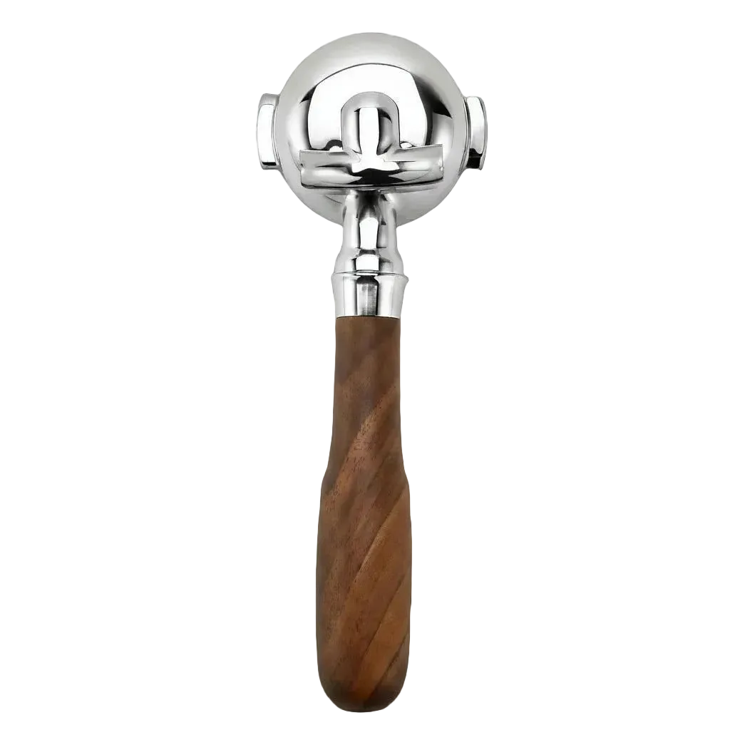 58 mm double-spout portafilter with walnut wood handle. bottom side.