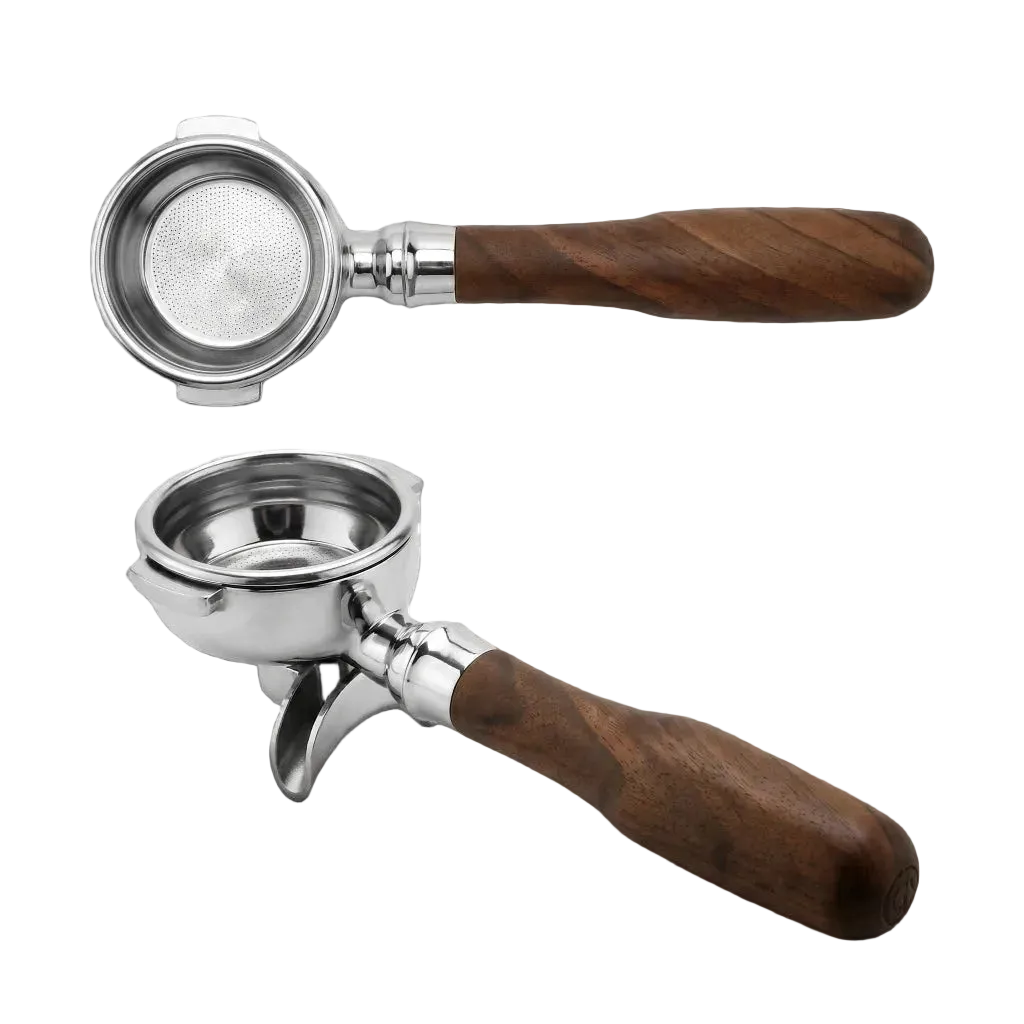 58 mm double-spout portafilter with walnut wood handle. top view.