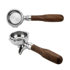58 mm double-spout portafilter with walnut wood handle. top view.