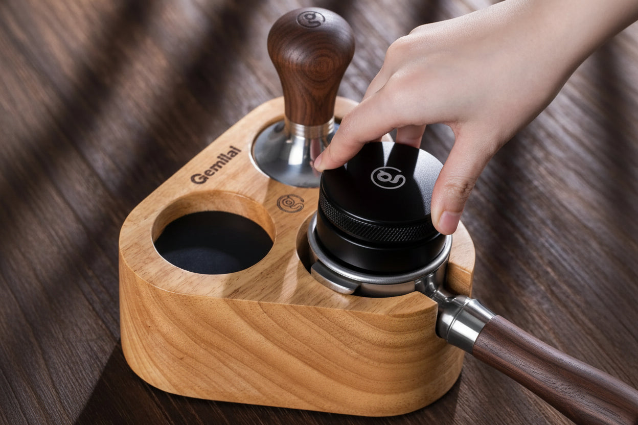 58 mm espresso tamping station holding a standard espresso portafilter