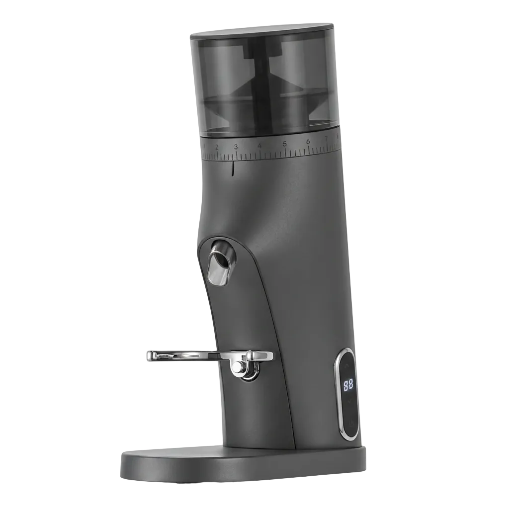Gemilai G9010C coffee grinder angled side view with transparent hopper and portafilter fork