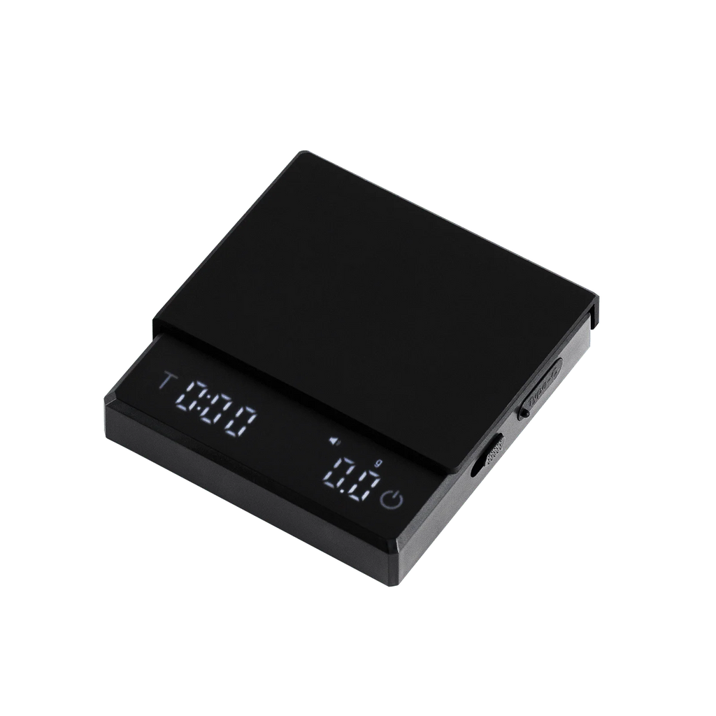Black espresso coffee scale with timer and auto tare