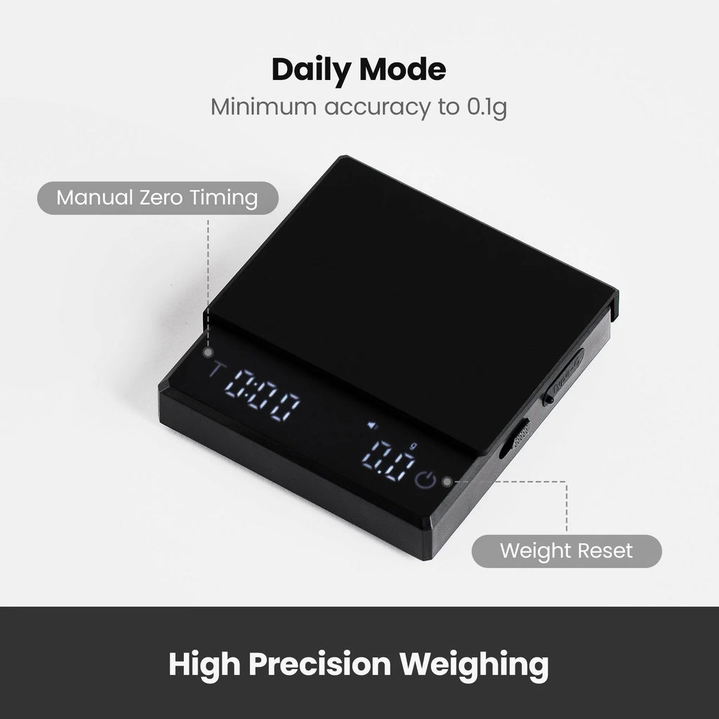 Coffee scale display with timer, manual zero timing and weight reset