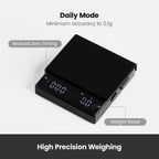 Coffee scale display with timer, manual zero timing and weight reset