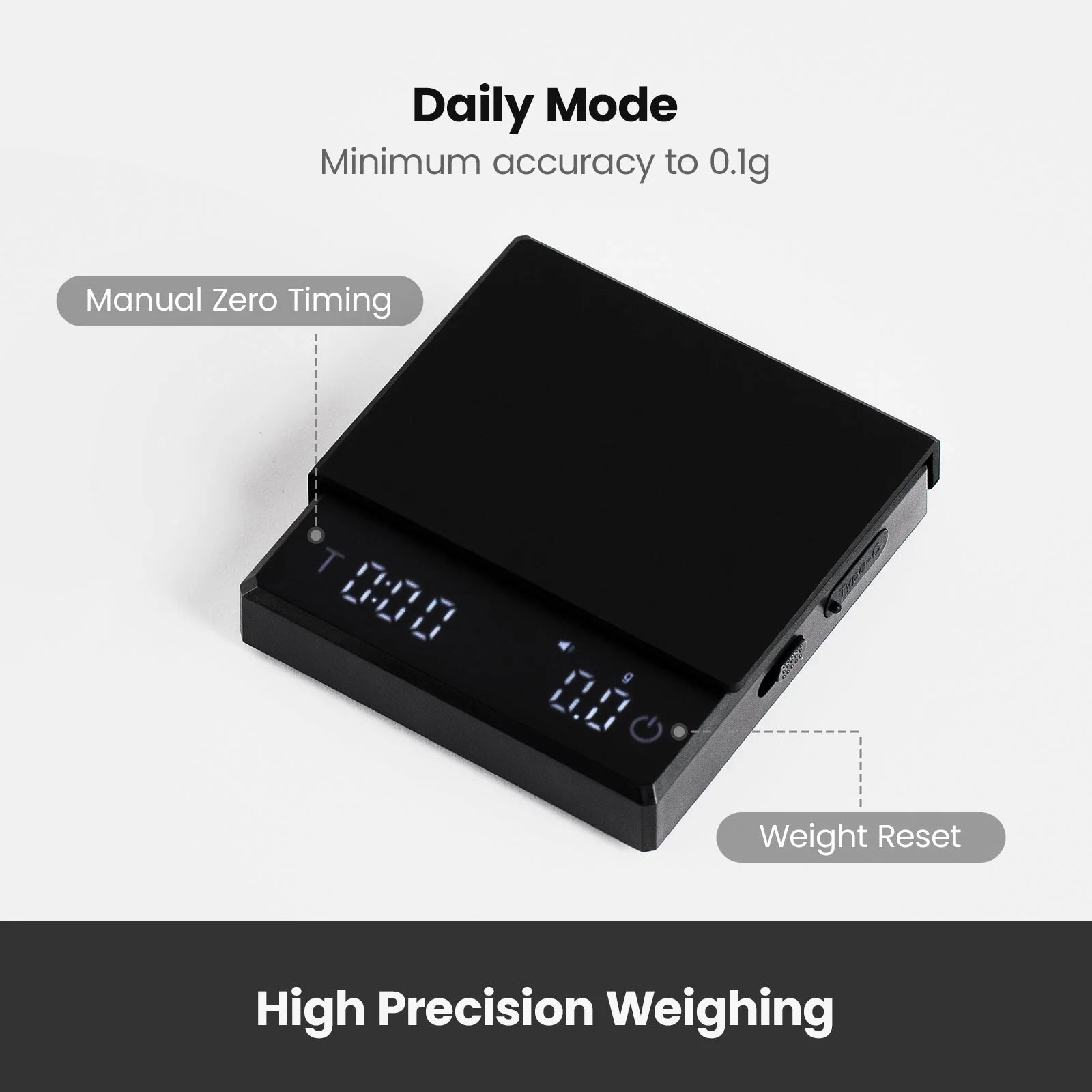Coffee scale display with timer, manual zero timing and weight reset