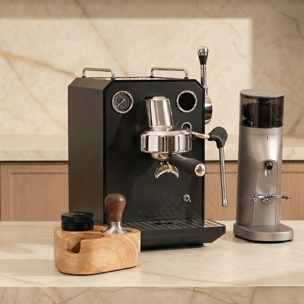 G3006 Black espresso machine with Gemilai temping set and G3006 coffee grinder on a marble countertop.