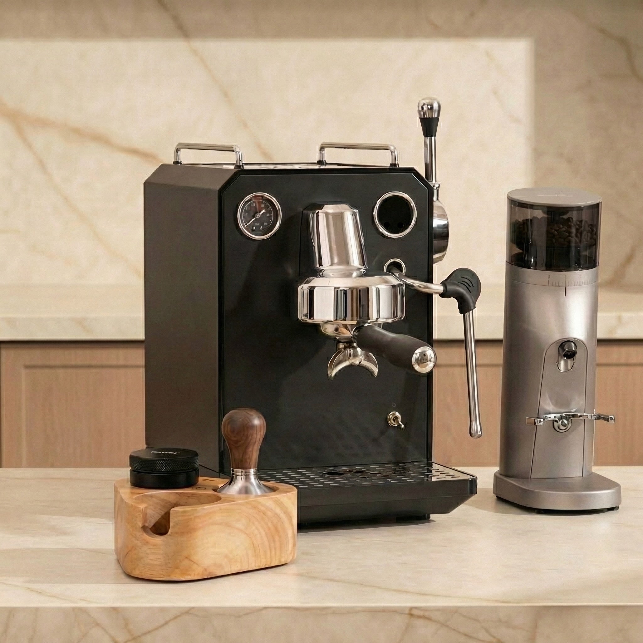 G3006 Black espresso machine with Gemilai temping set and G3006 coffee grinder on a marble countertop.