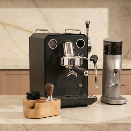G3006 Black espresso machine with Gemilai temping set and G3006 coffee grinder on a marble countertop.