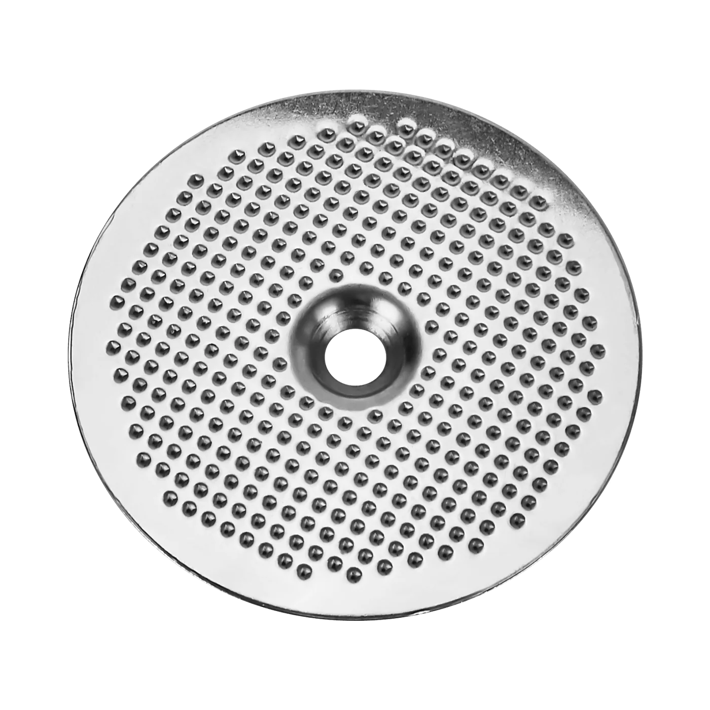 Close-up of a chrome filter screen with a textured center