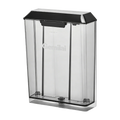 Clear plastic water tank with black lid on a white background