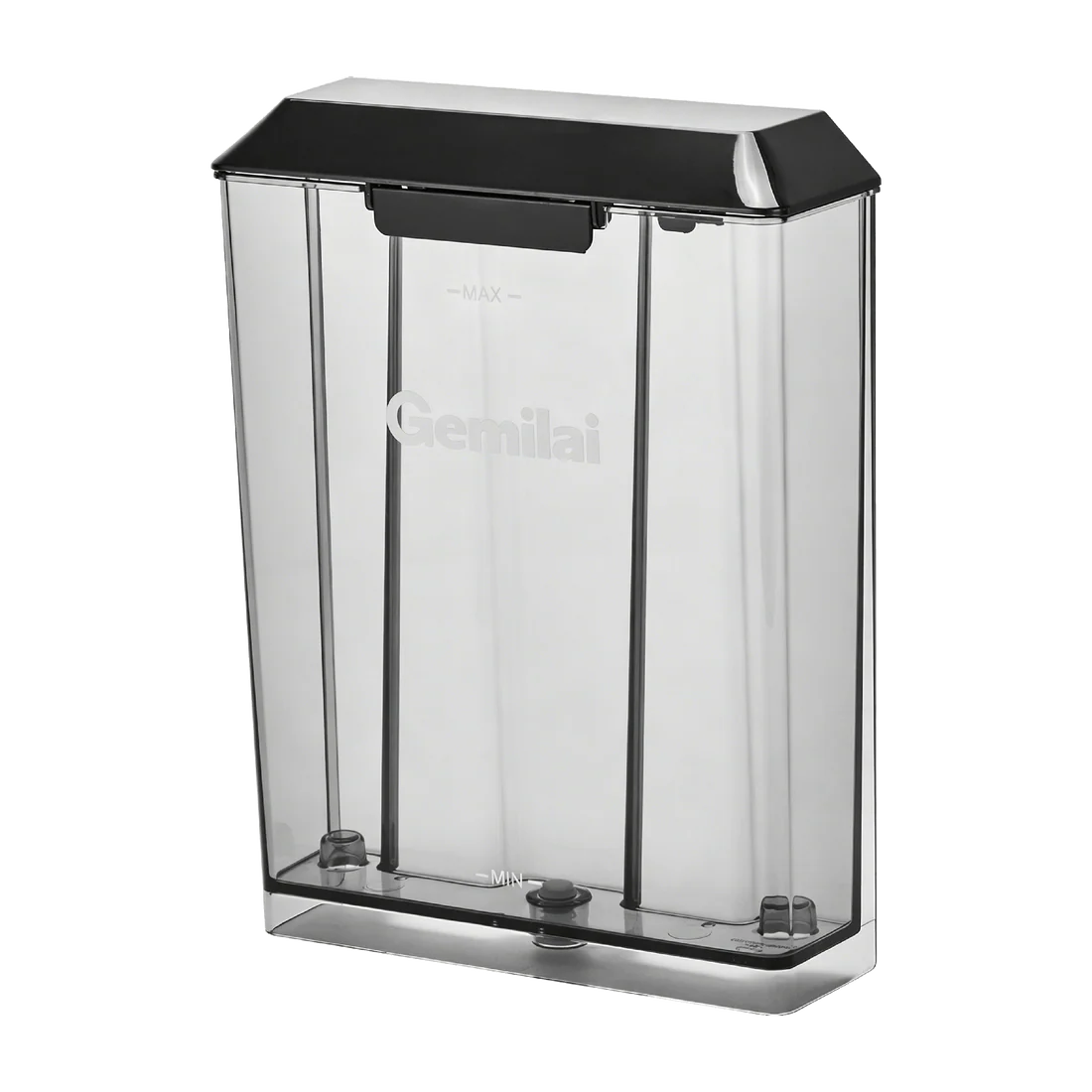 Clear plastic water tank with black lid on a white background