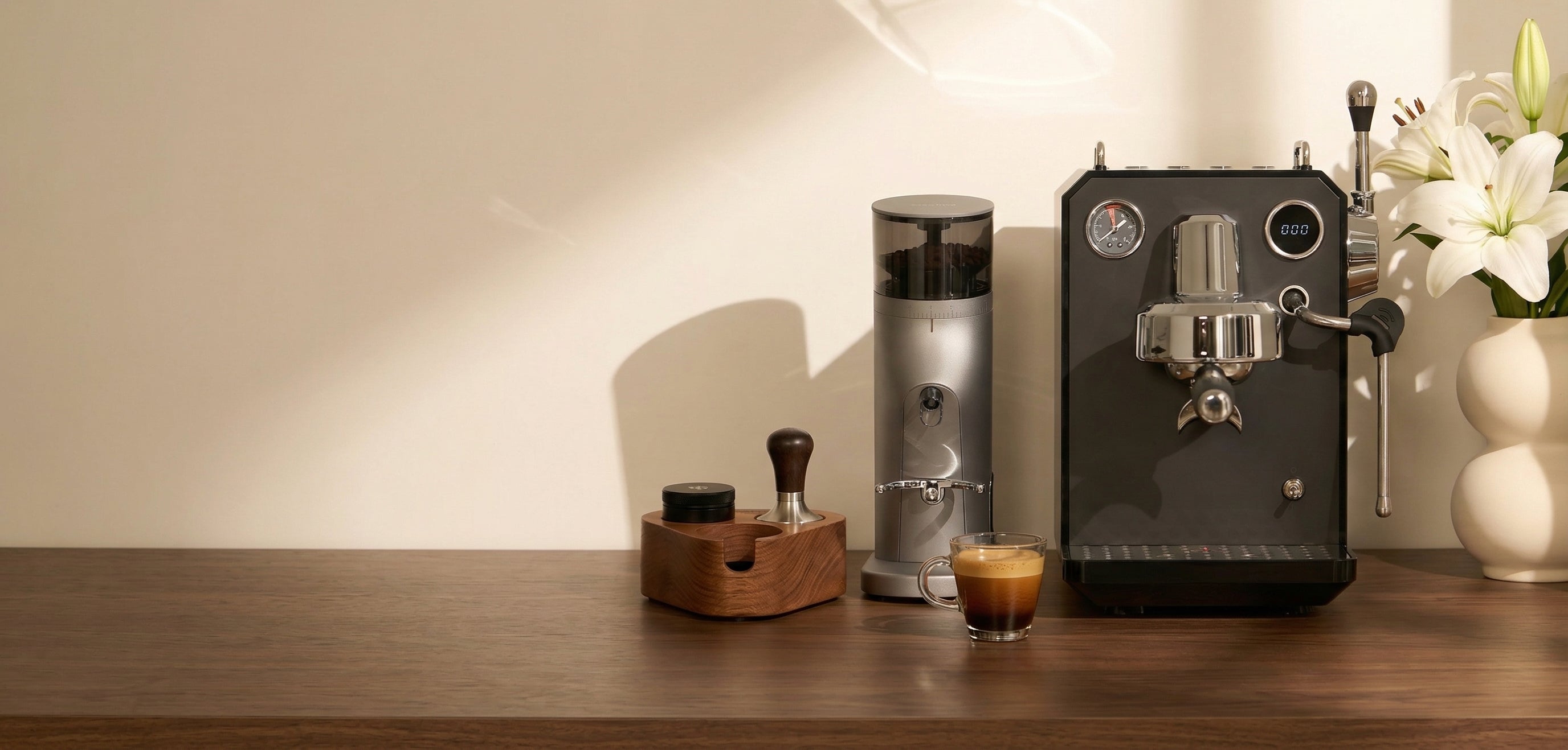 Home espresso setup with espresso machine and grinder