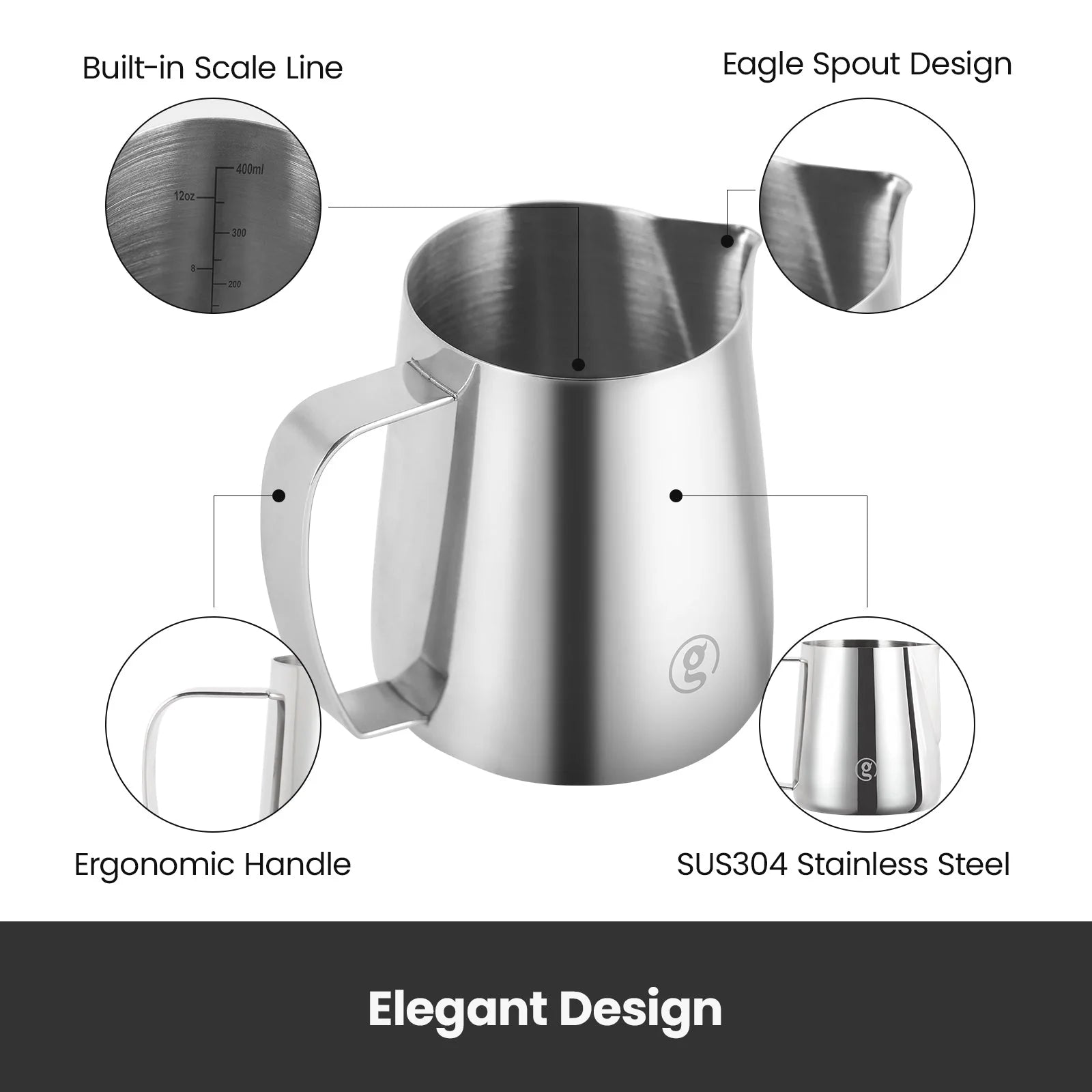 Chrome milk frothing pitcher for steaming milk at home