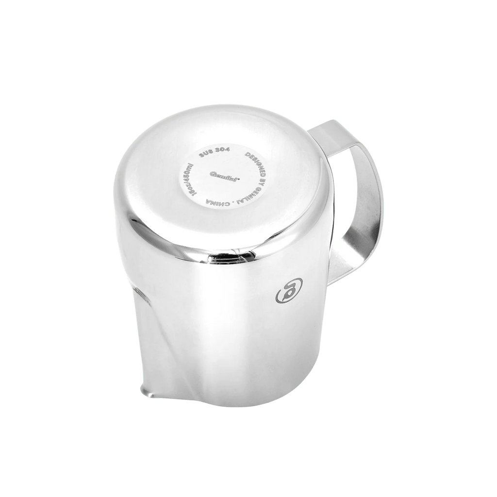 Polished chrome milk frothing pitcher with curved handle