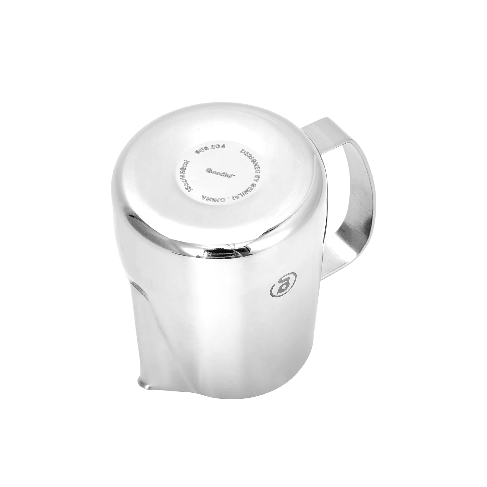 Polished chrome milk frothing pitcher with curved handle
