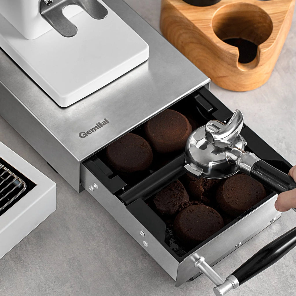 Stainless steel espresso knock box with pull-out drawer