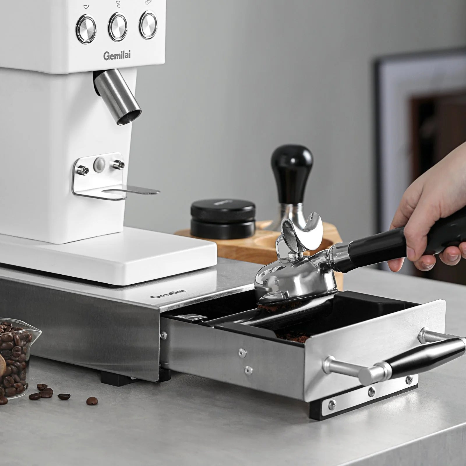 Coffee knock box drawer with pull-out puck compartment