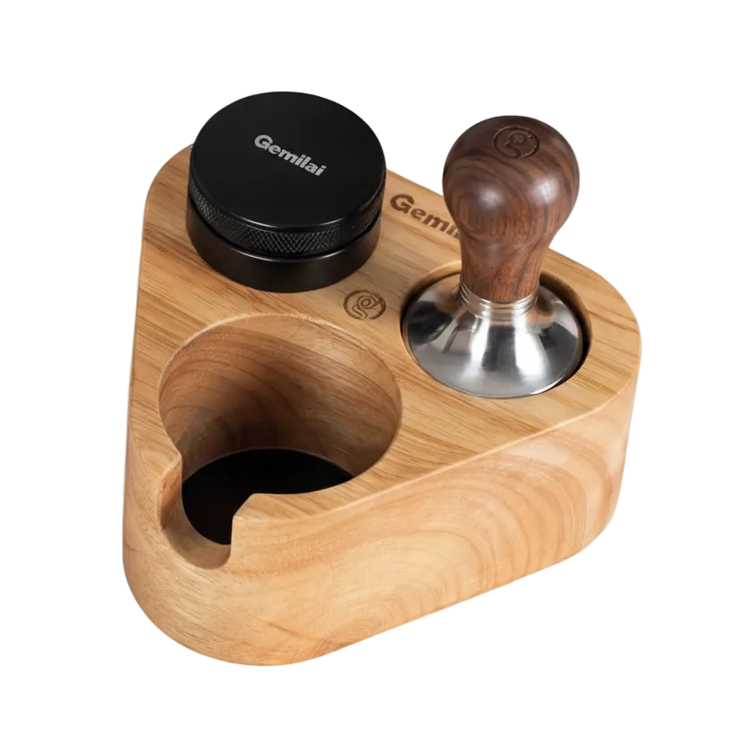 58 mm tamper station set with walnut tamper, coffee distributor and tamping station