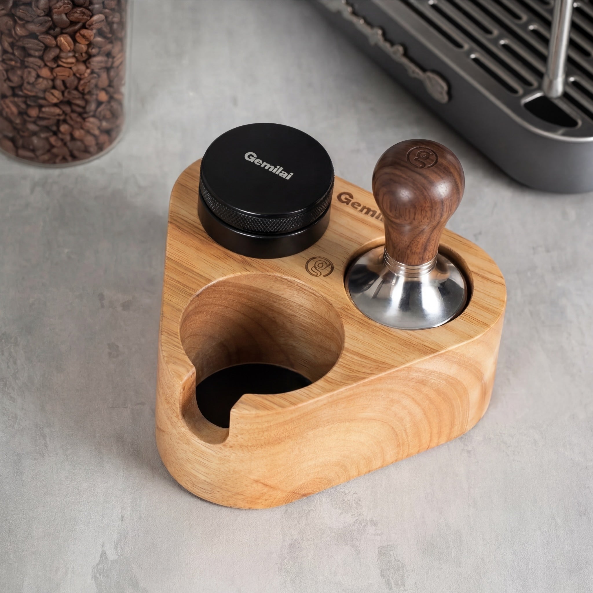 58 mm tamper station set arranged for espresso puck preparation